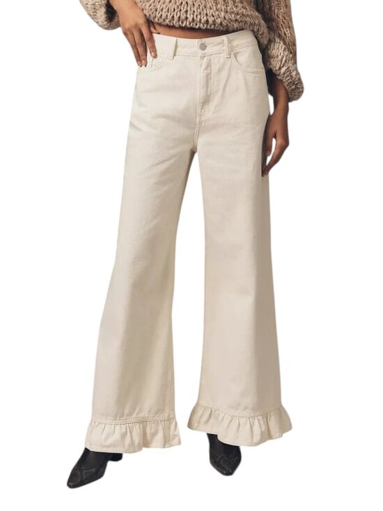 Pilcro Denim - Anthropologie Pilcro Cotton White Wide Leg Ruffle Hem Jeans